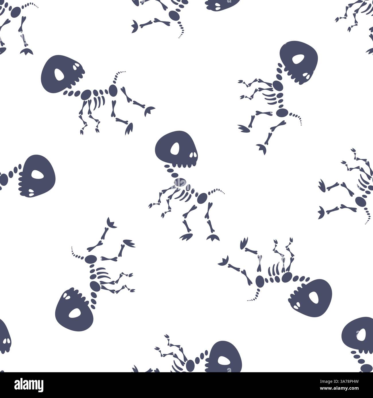 Seamless pattern with stylized dinosaur skeletons dancing on white background Stock Vector