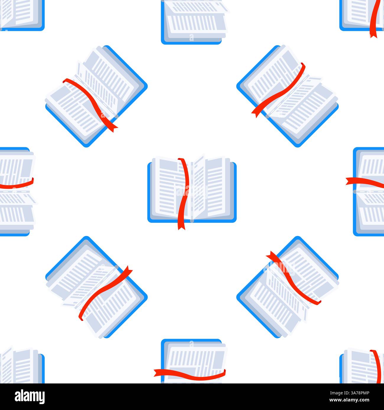 Open Books with Red Bookmarks Seamless Pattern on White Background Stock Vector