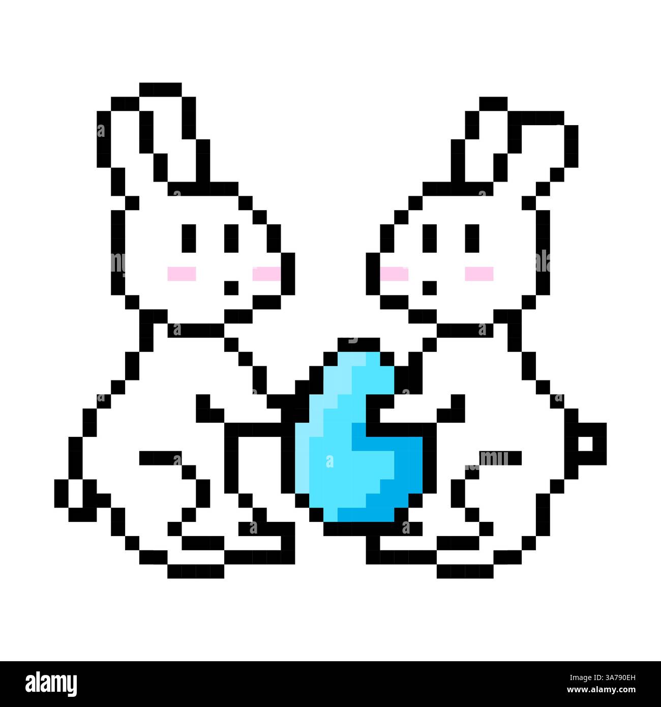 Pixel rabbit pair. Holding blue egg. Cute retro design. Vector art. Stock Vector