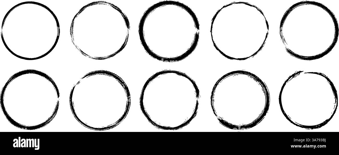 Round Ink Vector Round paint brush stroke set. Black grunge round stain collection. Ink ...