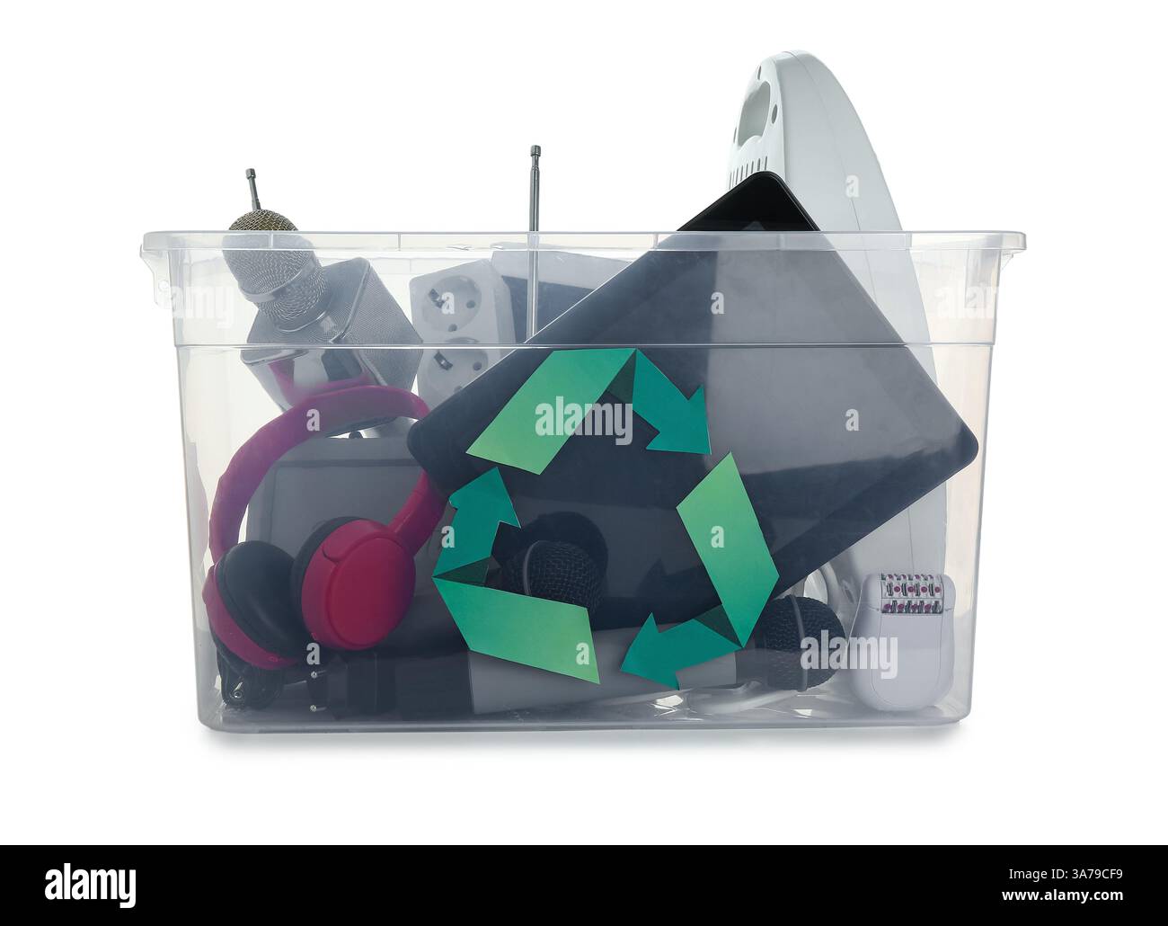 Container with electronic waste for recycling on white background Stock ...