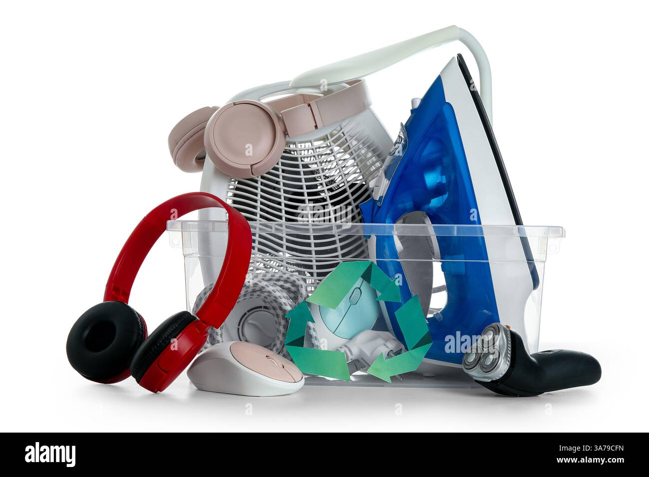 Container with electronic waste for recycling on white background Stock ...