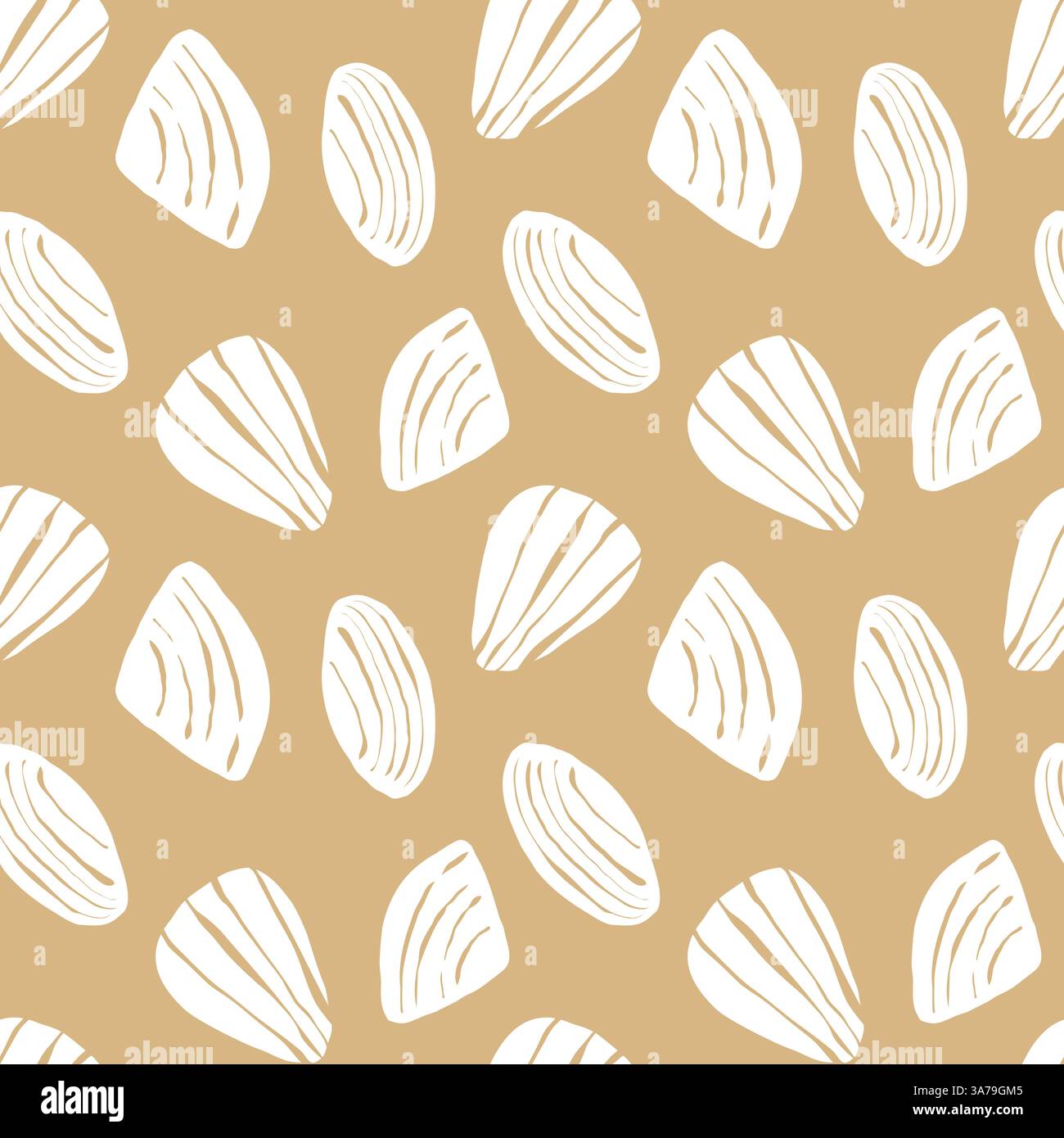 Hand drawn sea shells scallops white yellow sandy seamless pattern in doodle sketchy style on white background. Line art sea shell vector background Stock Vector