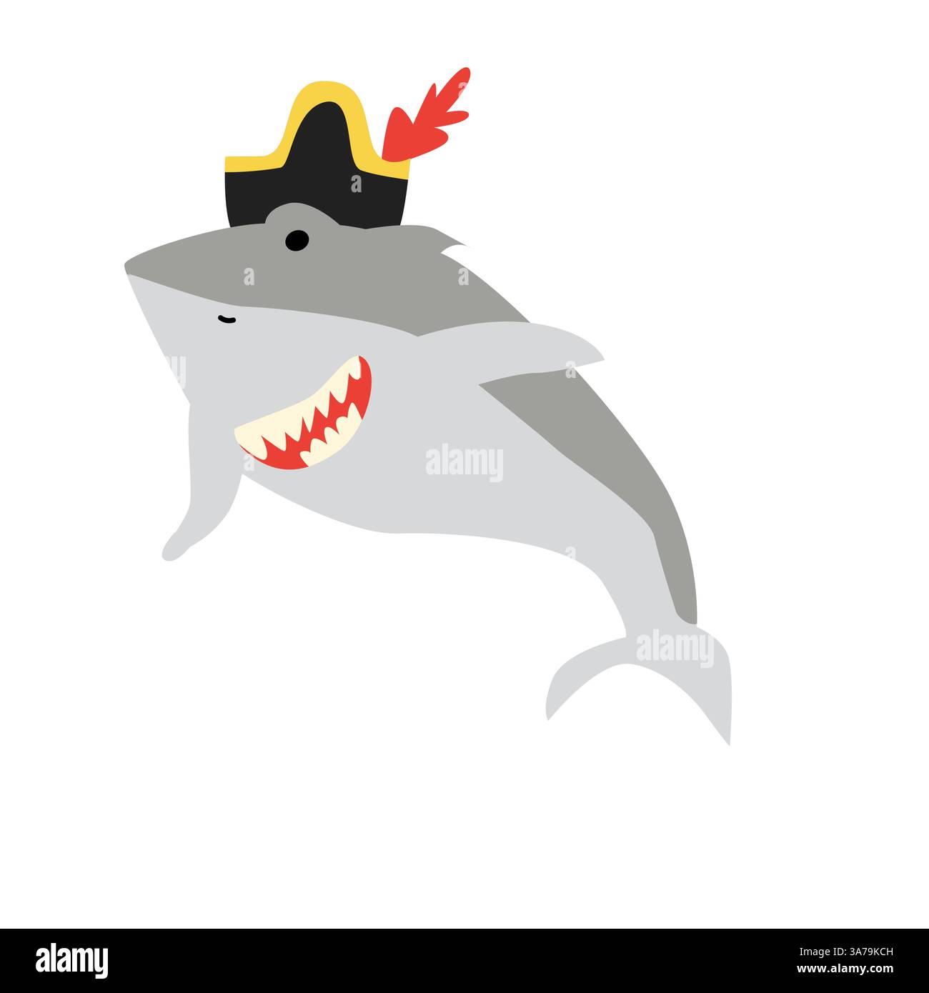 Cartoon pirate shark with hat and feather on white background. Stock Vector