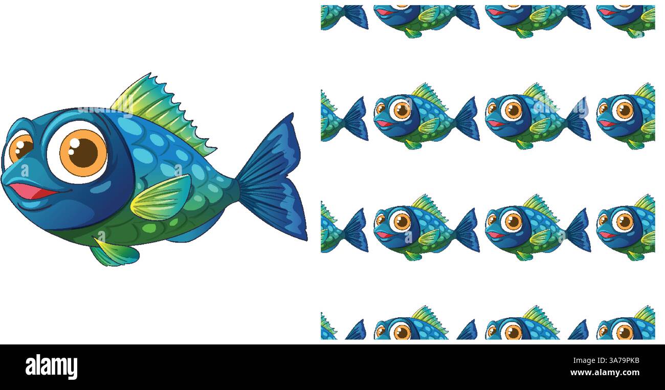 Vibrant vector illustration featuring a playful cartoon fish in a ...