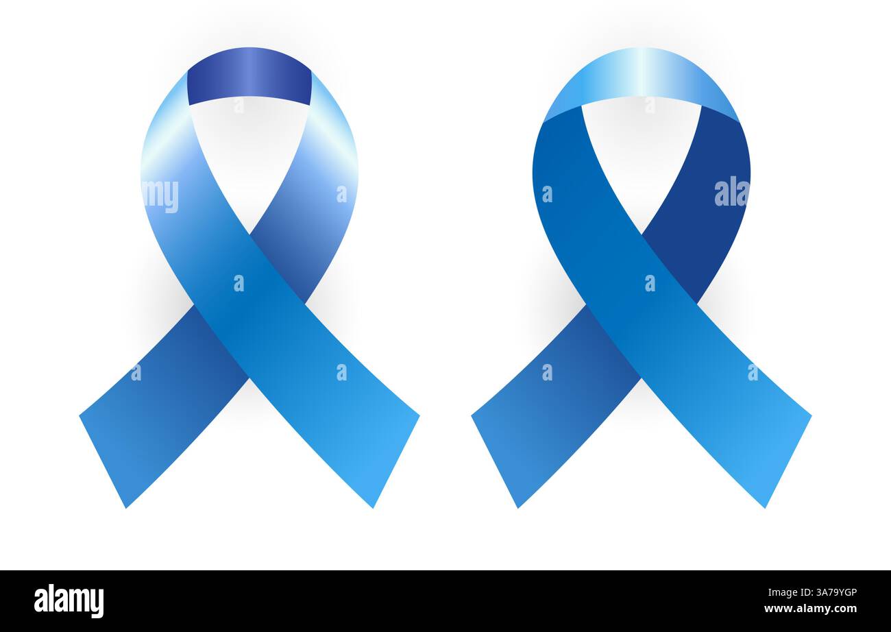 Set of blue ribbons symbols of support and awareness. Cute 3D design. Medical or charity emblem. Creative clip art of textile bow loop. Abstract icon Stock Vector
