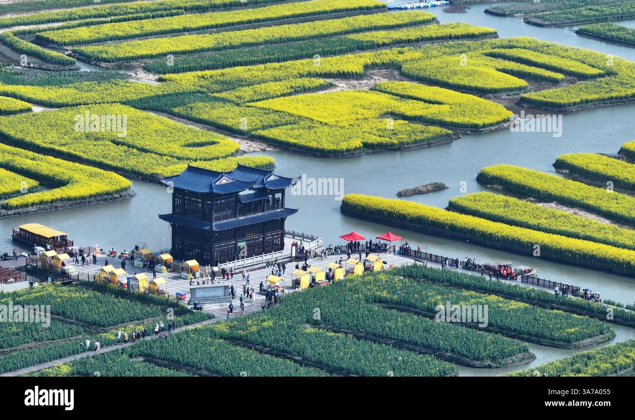 Aerial photo shows the Qianduo Cole Flower Scenic Area in Xinghua City ...
