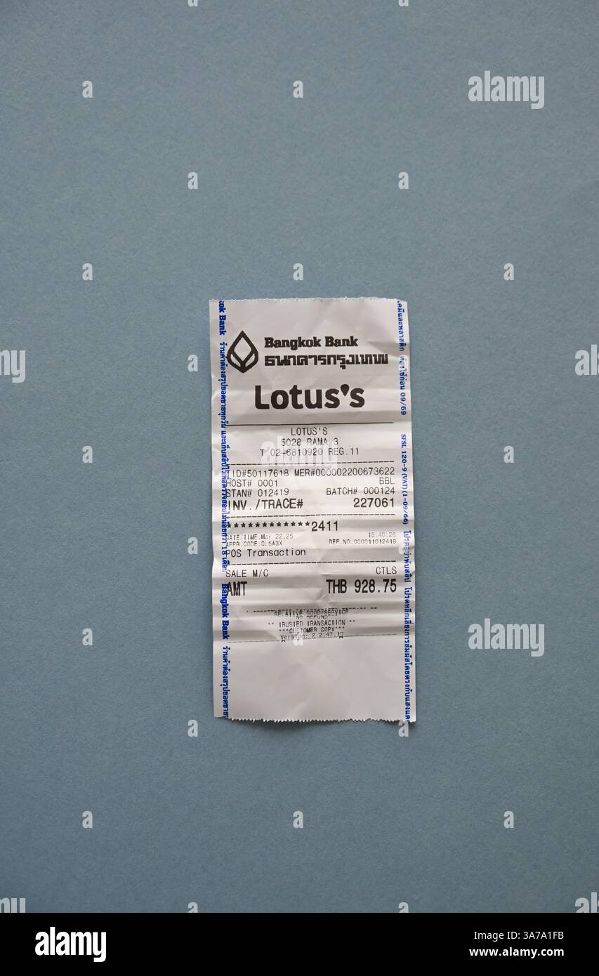Bangkok supermarket credit card payment receipt. Stock Photo