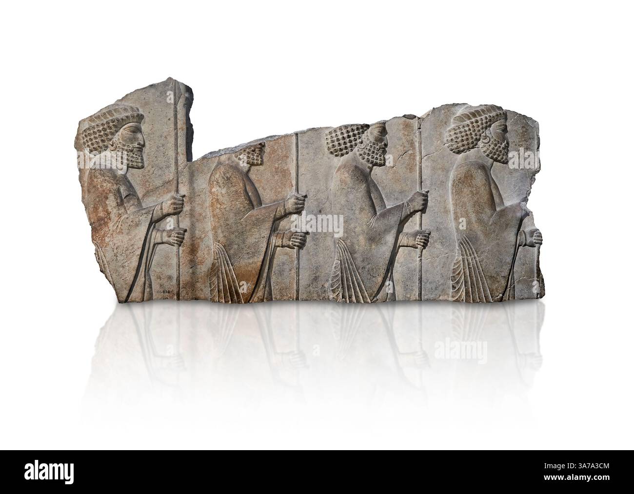 Ancient Persian Achaemenid bas relief sculpture panel showing an ancient Persian soldier guardsmen carrying a spear and shield, 500-400 BC, Apadana at Stock Photo