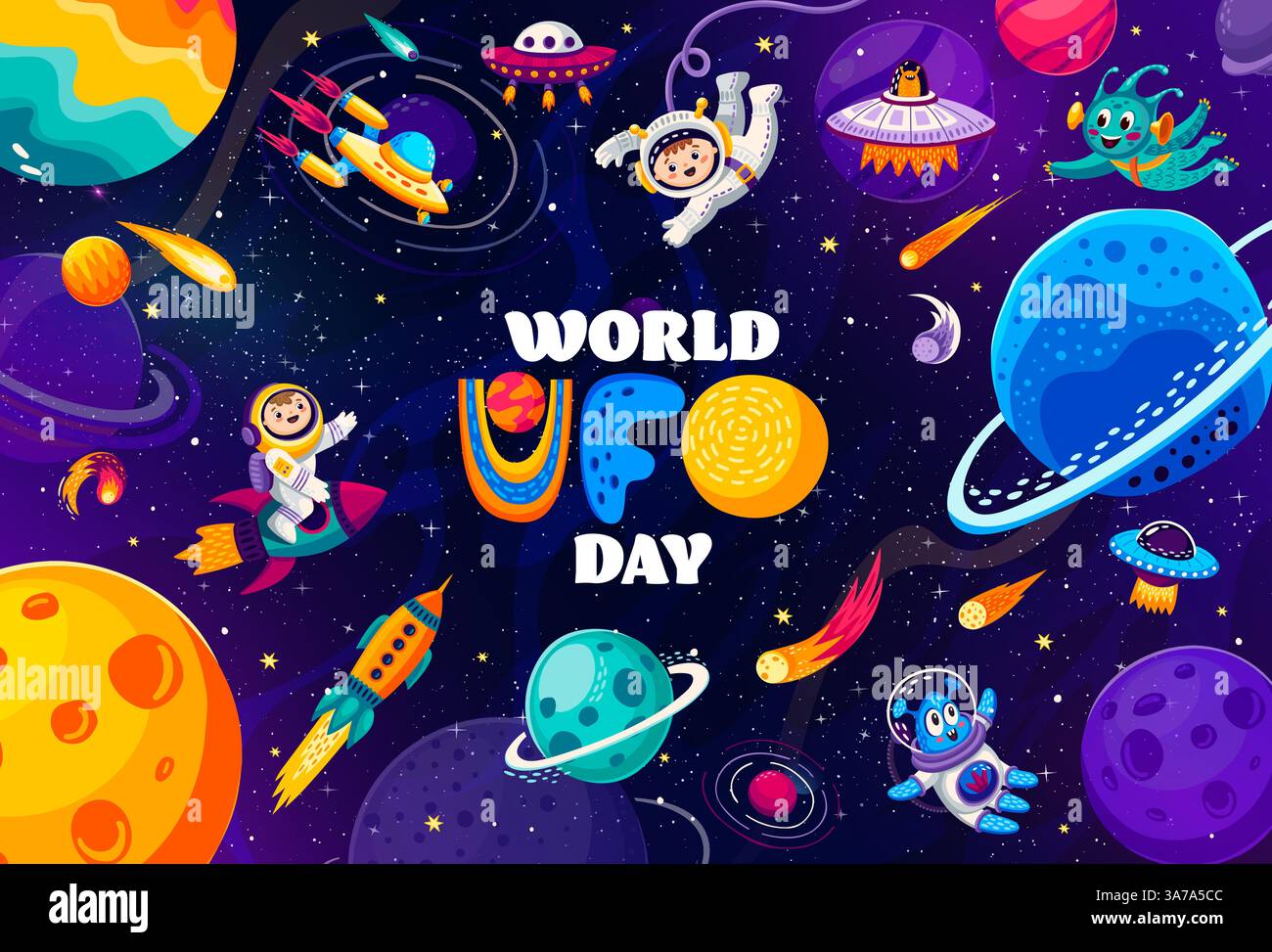 World ufo day banner with flying saucers and funny alien characters in ...