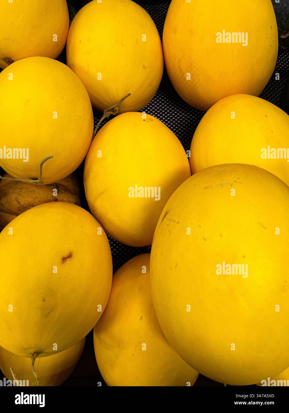 Pile of fresh canary melon displayed on market as food background - Smartphone Captured Stock Image