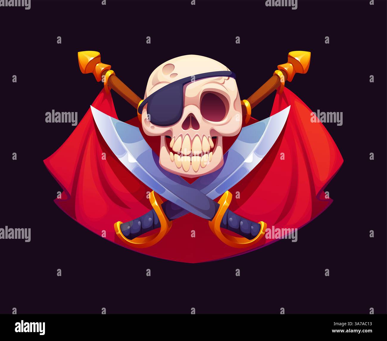 Heraldic pirate skull with crossed sabers and red flags. Cartoon vector ...