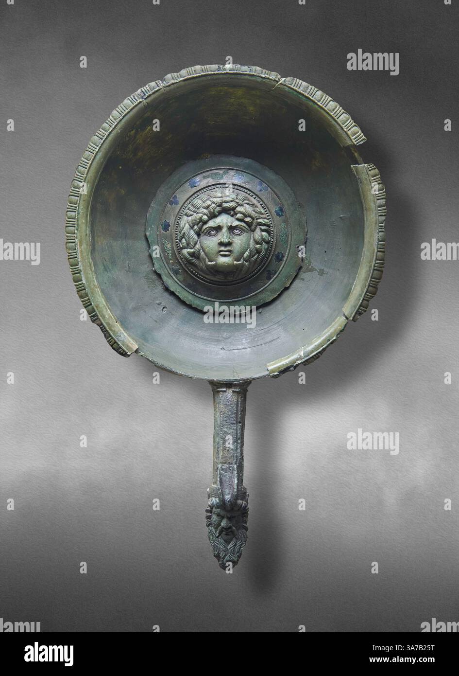Romano British ceremonial libation patera, with a depiction of medusa. 1st Cent AD grave, Faversham Kent, British Museum inv 1882,0405.1. Stock Photo