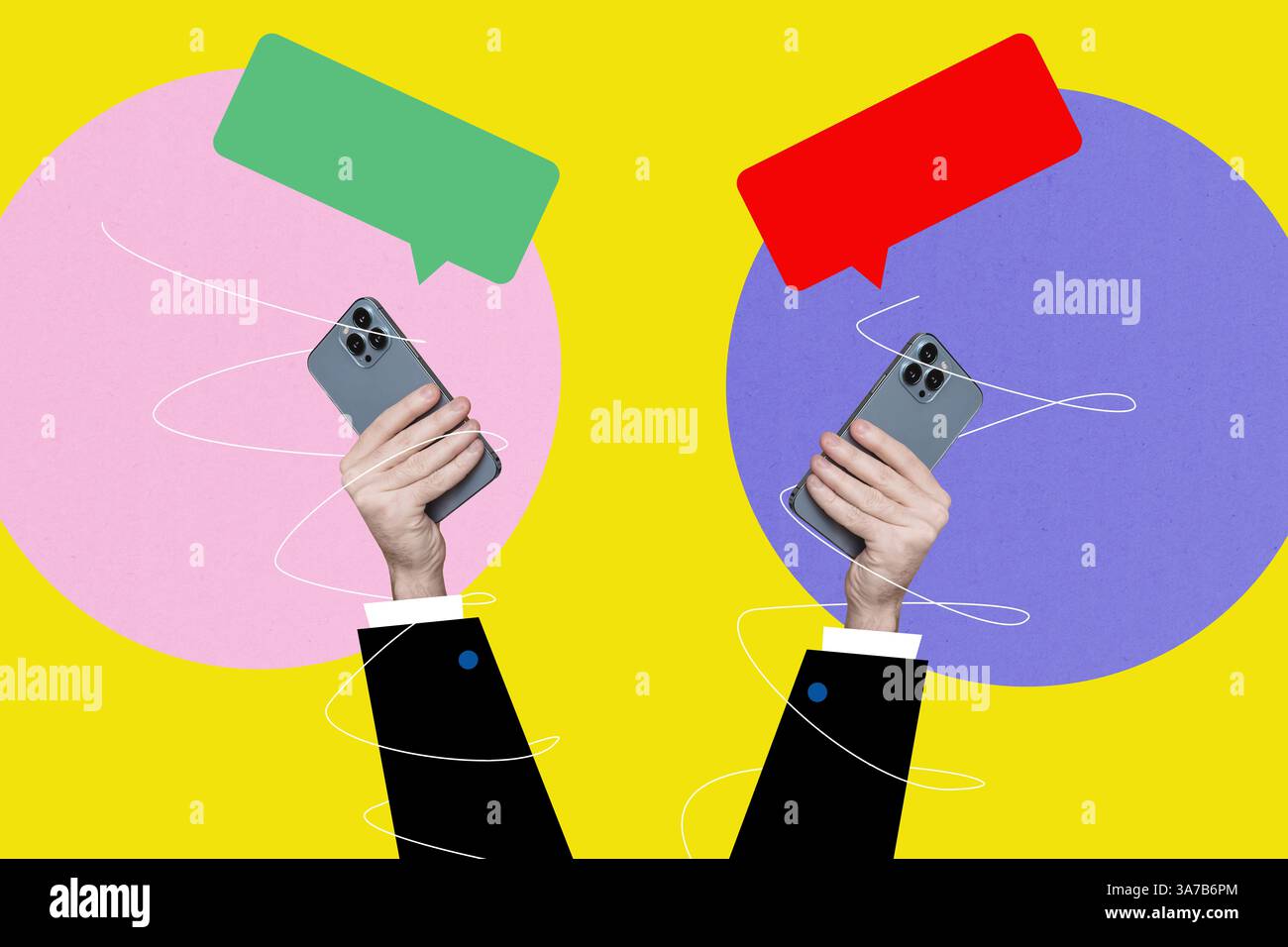 Creative banner collage of two gands holding using smart cell phone with sms message Stock Photo