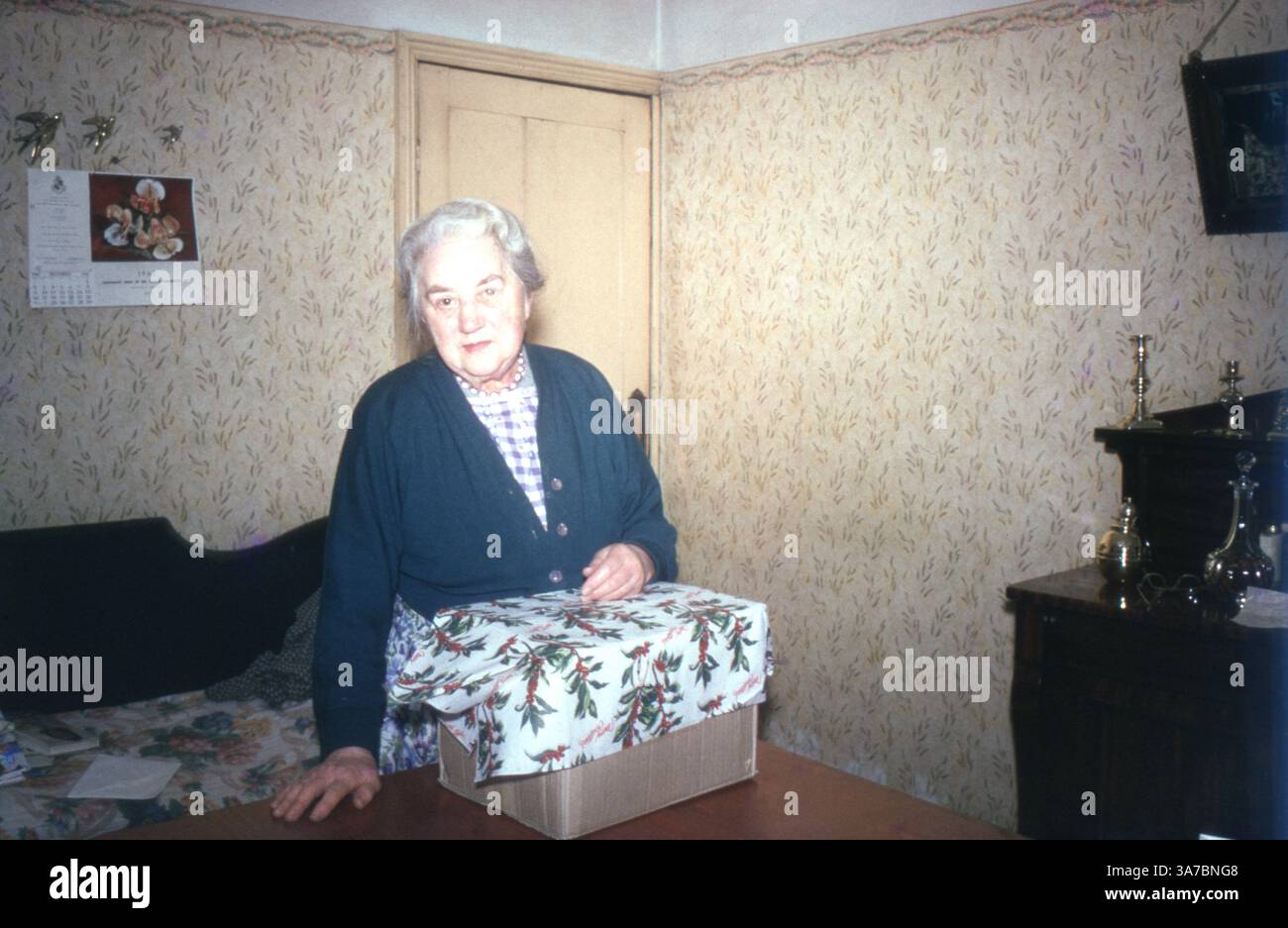 Photographed in 1962 on 35mm colour slide film, this image captures an elderly woman preparing a box of tinned food for a Christmas charity collection in her modestly decorated English home. A touching glimpse into post-war community spirit and festive generosity. Stock Photo