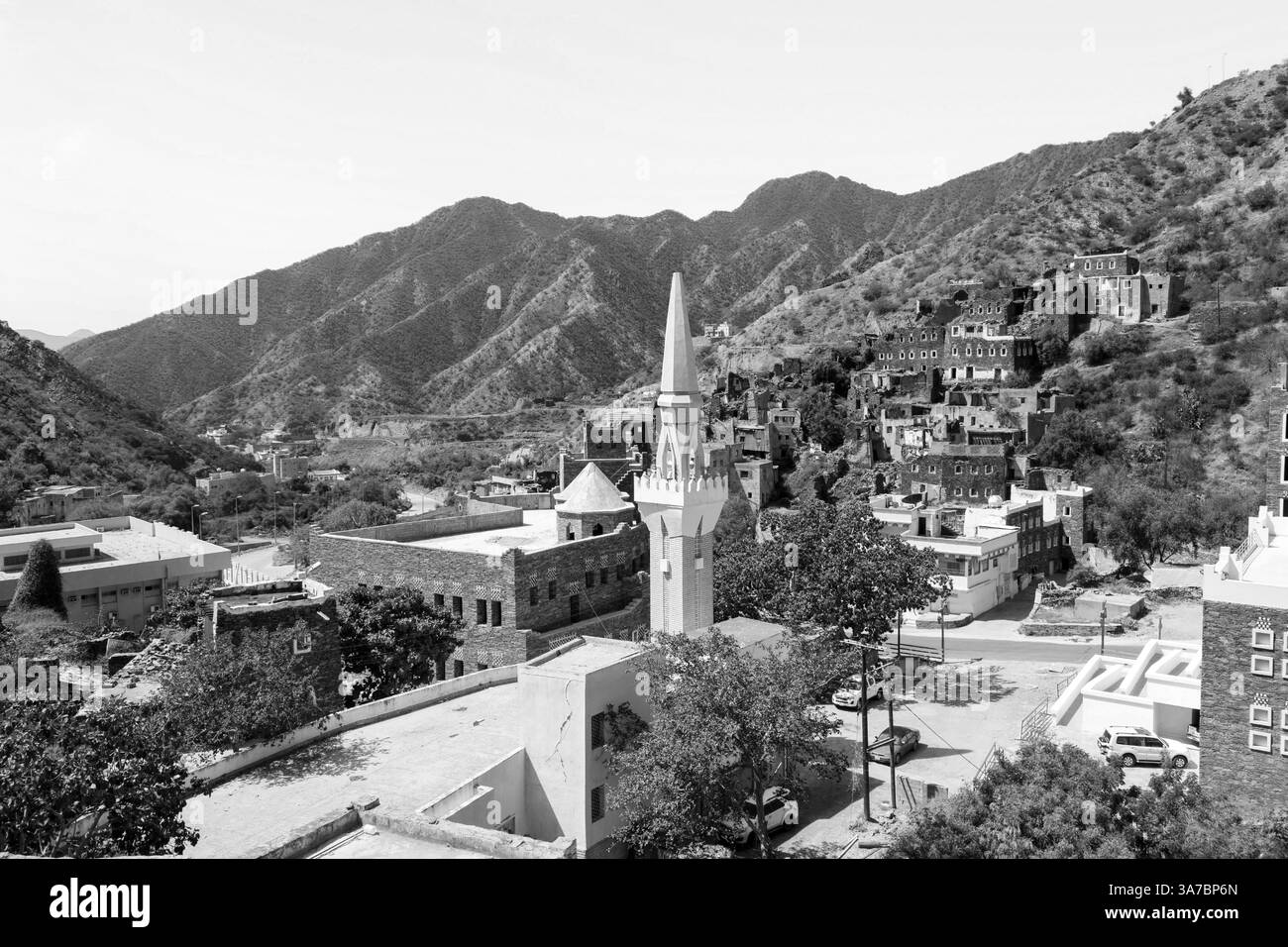 Panorama of beautiful historical houses and mosque minaret in Rijal ...