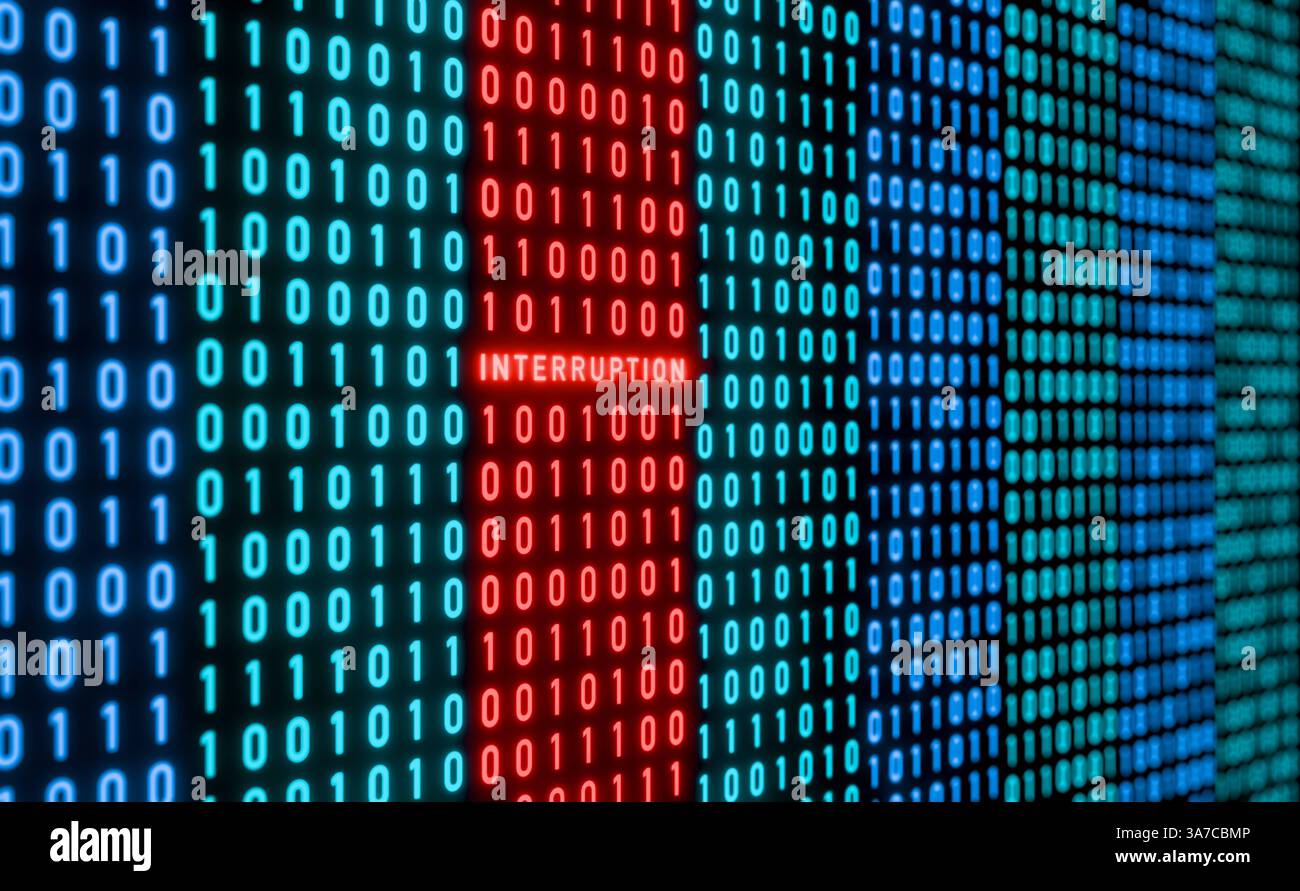 Interruption warning sign, binary code with red signal, system ...