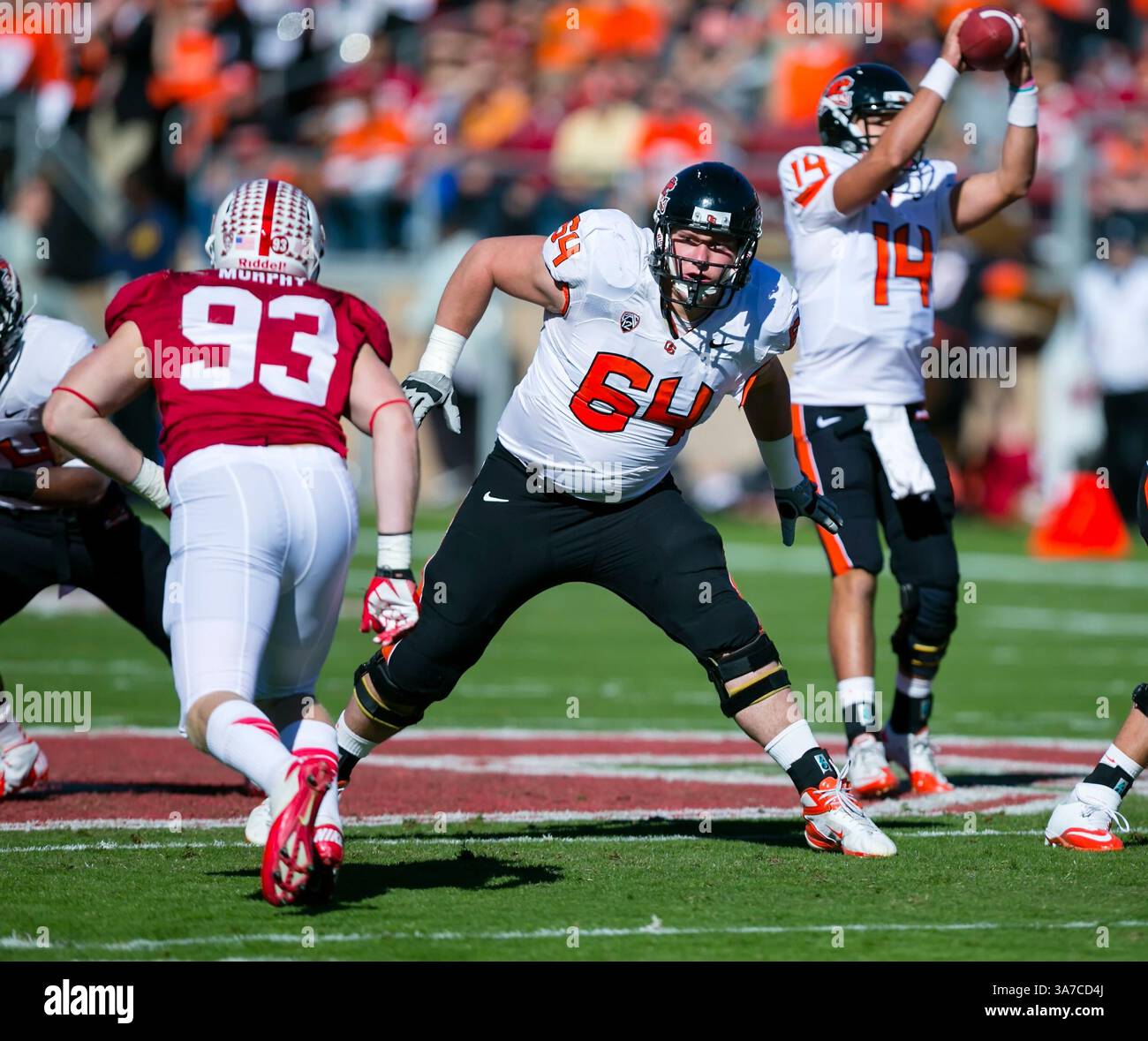 November 10, 2012: Oregon State Beavers offensive tackle Colin Kelly (64) in action during the NCAA Football game between the Stanford Cardinal and the Oregon State Beavers at Stanford Stadium in Palo Alto, CA. Stanford defeated Oregon State 27-23. Â© Damon Tarver/Cal Sport Media(Credit Image: © Damon Tarver/Cal Sport Media/ZUMAPRESS.com) Stock Photo