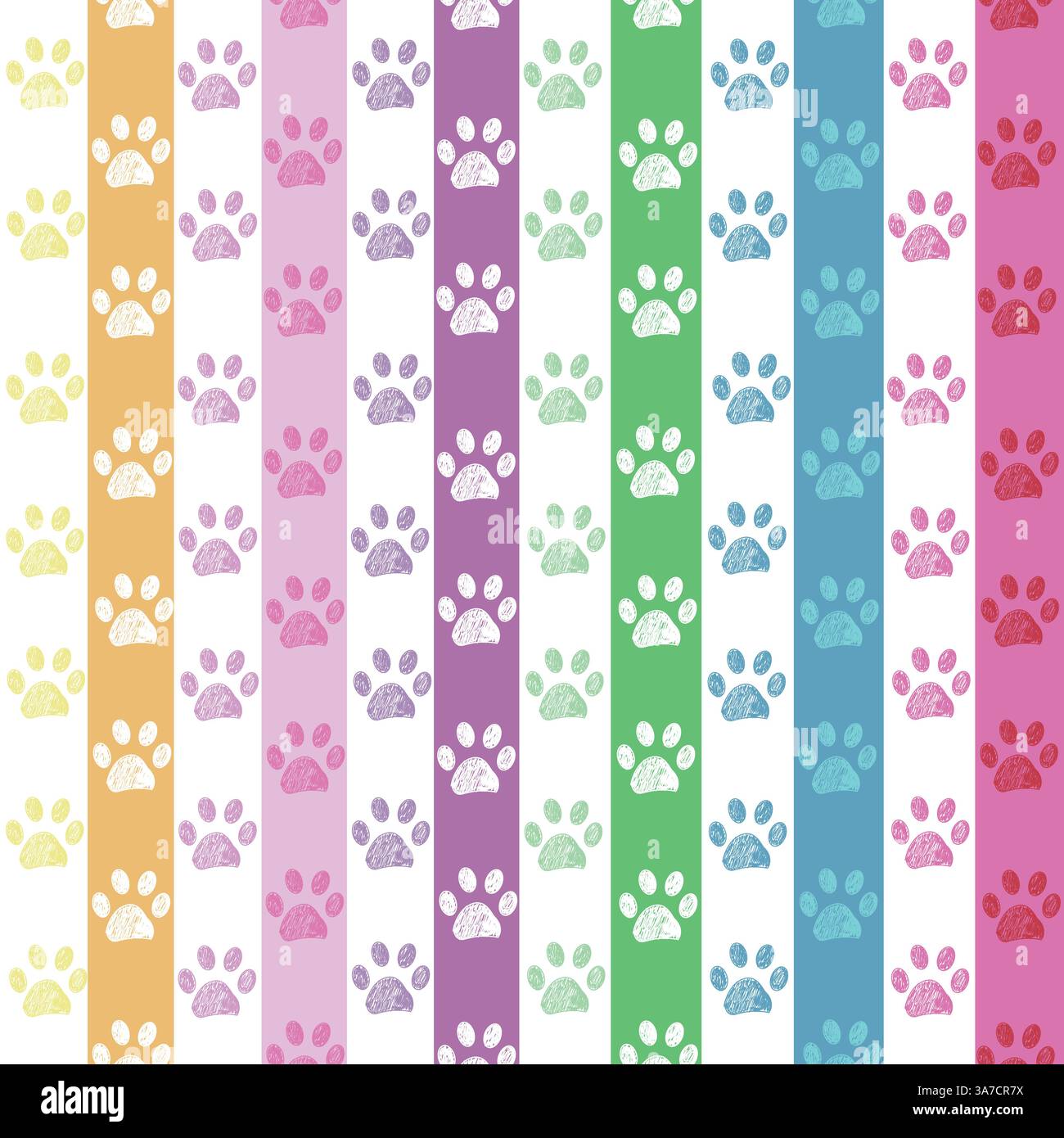 Rainbow colored stripe pattern with doodle paw prints. Seamless fabric design pattern Stock Vector