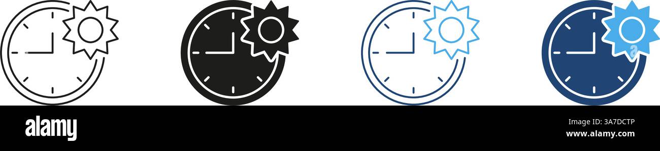 Sun And Clock Line and Silhouette Icon Set. Time Of Day For Daily ...