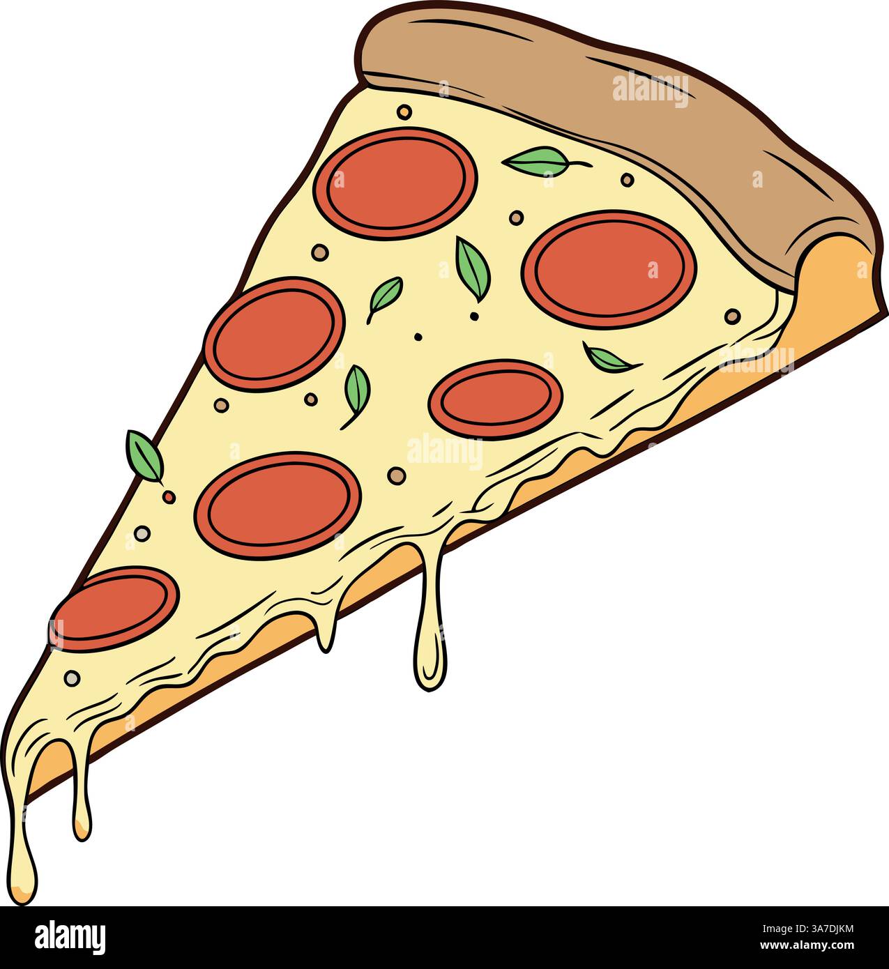 Hot cheesy pepperoni pizza slice with melting cheese in vector style ...