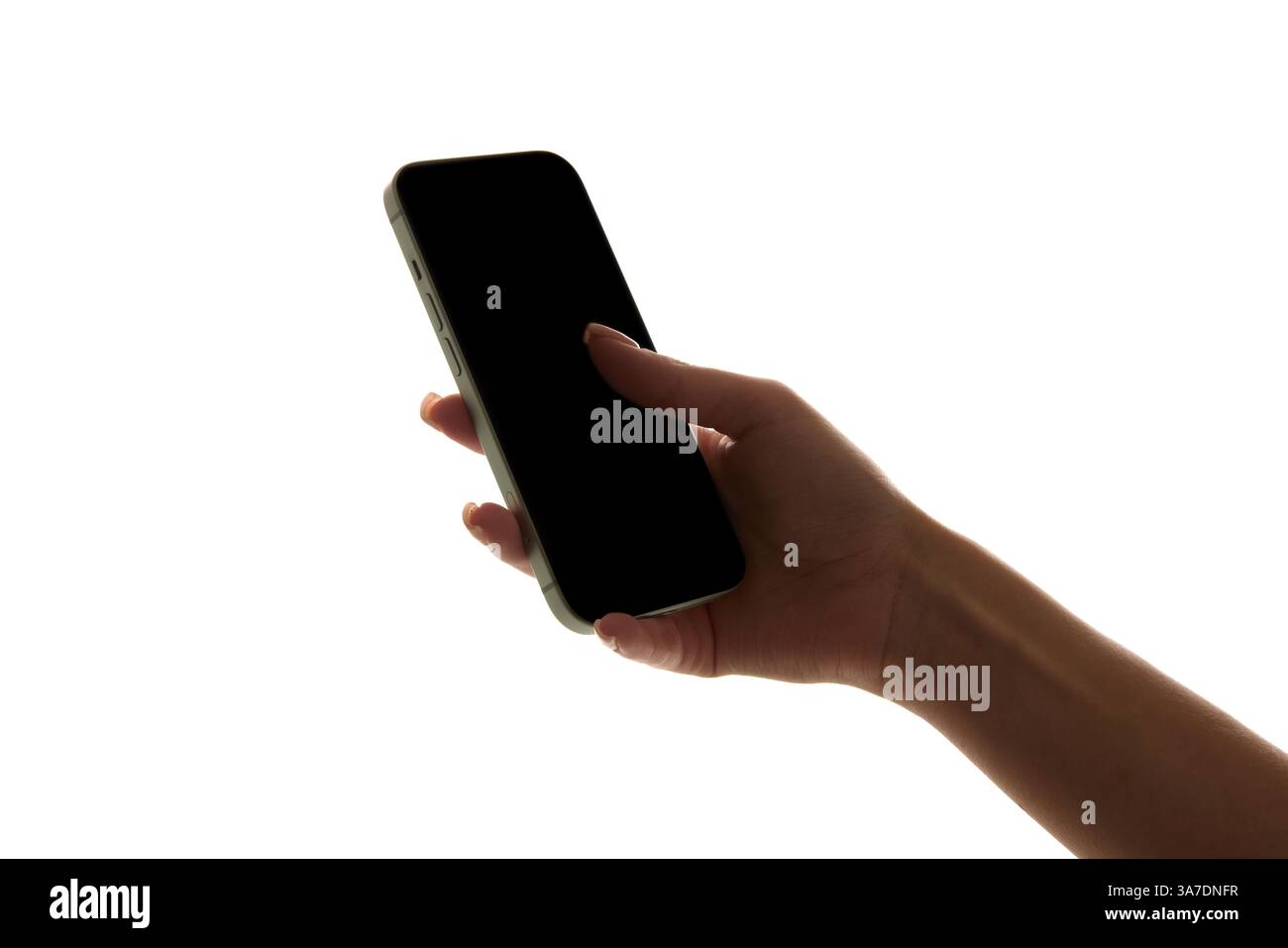 Female hand holding modern smartphone with empty black screen isolated ...