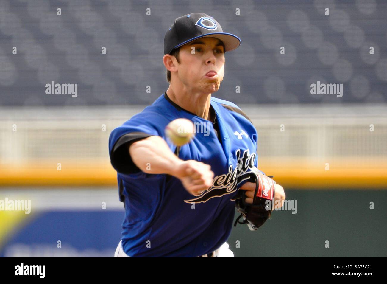 April 7, 2013 - Omaha, Nebraska, U.S - Creighton right handed pitcher Bryan Sova (4) earned his first save as Creighton defeated Bradley 7-3 to sweep a three game series in a game played before at TD Ameritrade Park in Omaha, Nebraska. (Credit Image: © Steven Branscombe/ZUMAPRESS.com) Stock Photo