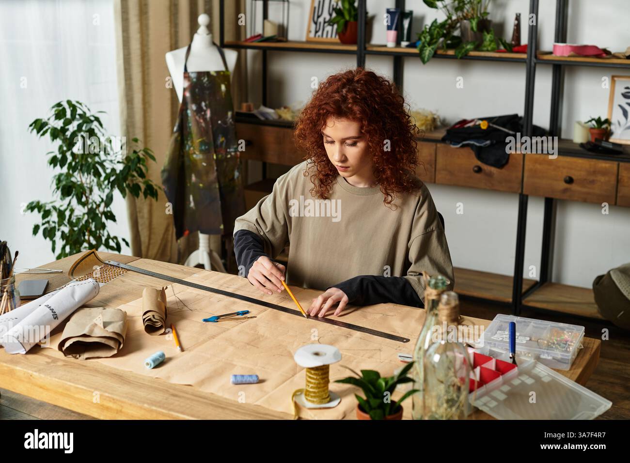 Craftswoman focuses intently on design while working on her DIY project ...