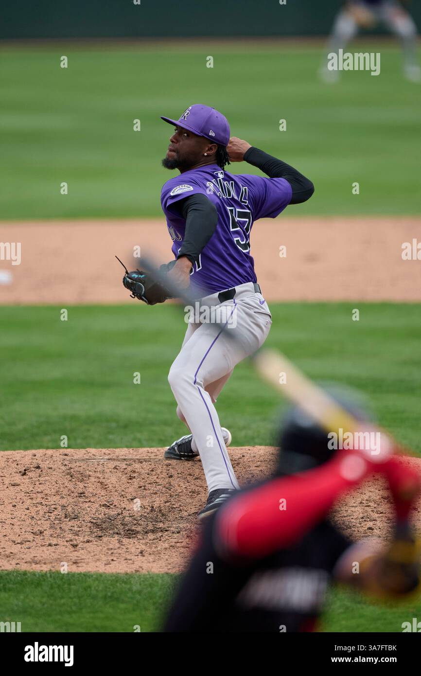 Colorado Rockies pitcher Angel Chivilli (57) during an MLB Spring ...