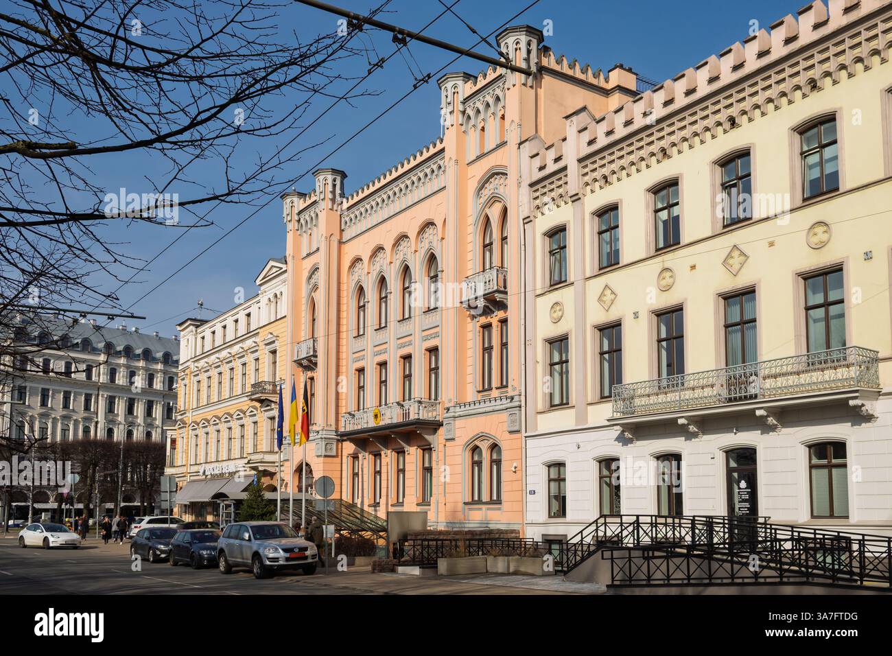 A historic building in Riga, Latvia, Rainis Boulevard, designed in an eclectic style with Neo Gothic and Neo Renaissance elements Stock Photo