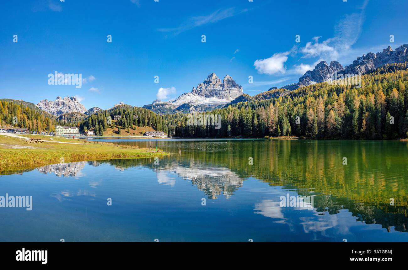 Lake Misurina with the Drei Zinnen reflected in the water, Auronzo di Cadore,  , Italy, landscape, water, autumn, mountains, lake, Dolomites, Stock Photo