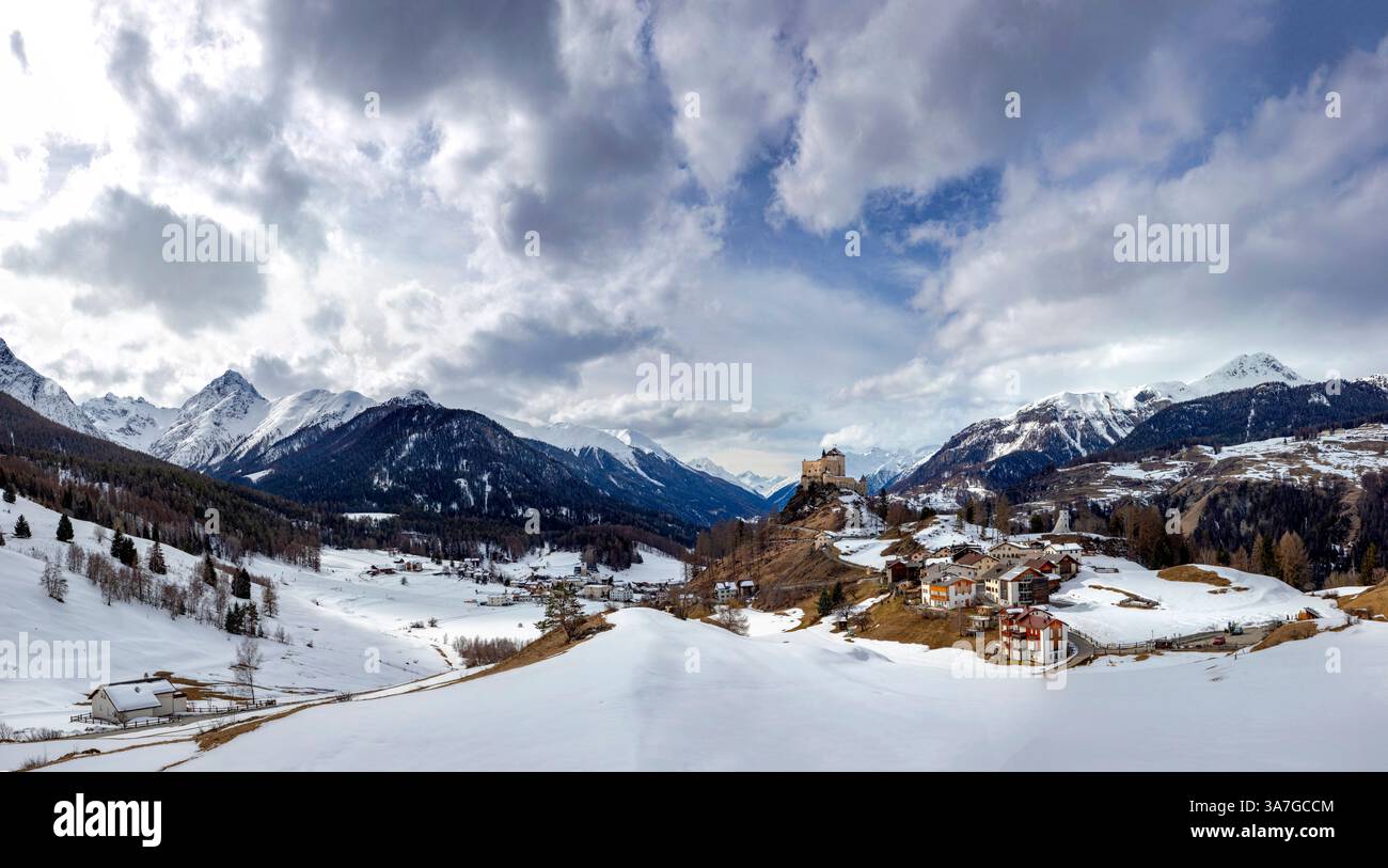 Schloss Tarasp castle, Tarasp, , Switzerland, landscape, field, meadow ...