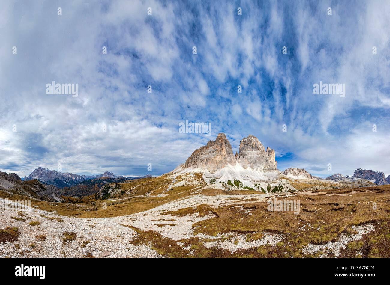 View of the mountain peaks of the Drei Zinnen, south face, Auronzo di Cadore,  , Italy, landscape, field, meadow, autumn, mountains, hills, Dolomites, Stock Photo