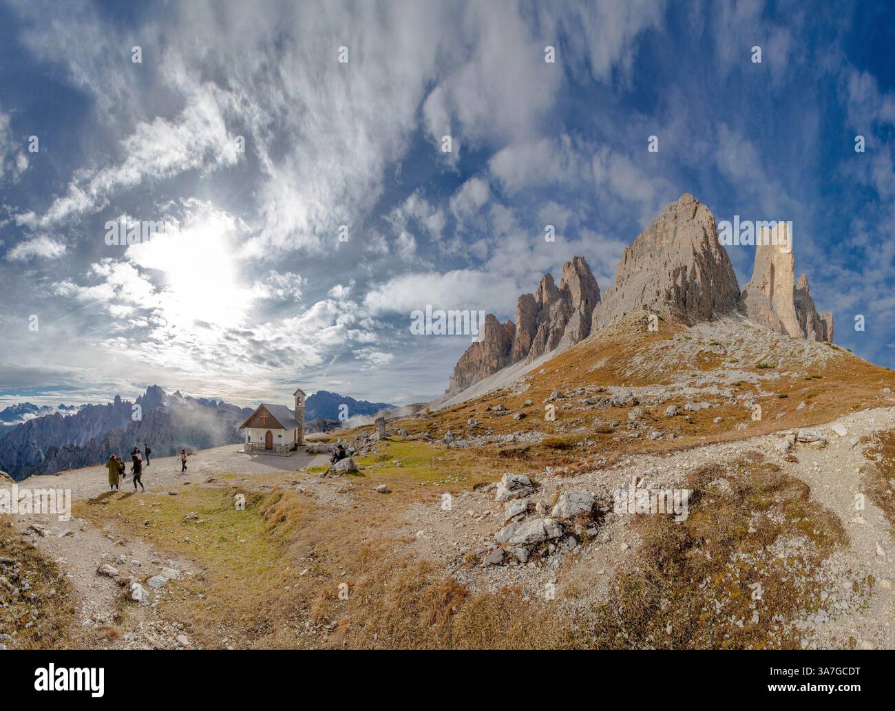 Three Peaks hiking trail, Capelli degli Alpini, Auronzo di Cadore,  , Italy, landscape, autumn, mountains, hills, people, Dolomites, chapel, Stock Photo