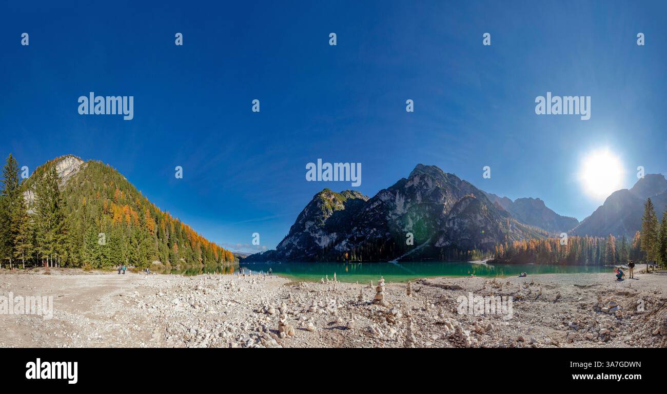 Pragser Wildsee - Lake Braies, Prags,  , Italy, landscape, water, trees, autumn, mountains, lake, stone piles, balanced stacks of stones Stock Photo