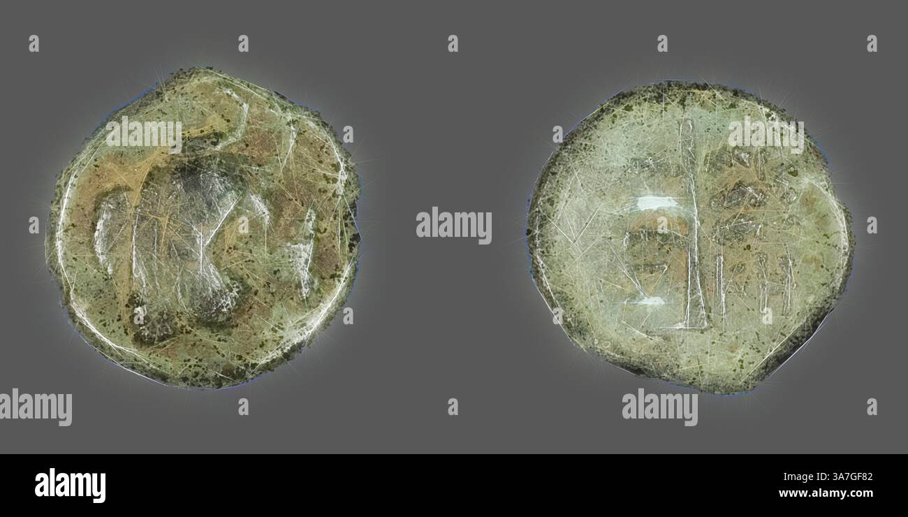 An ancient coin featuring intricate engravings on both sides, one side ...