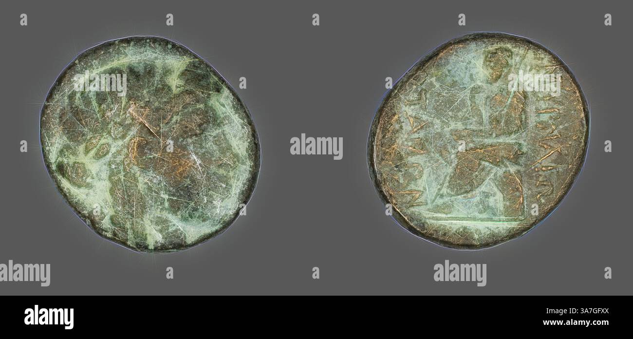 Two ancient coins are displayed, each featuring intricate designs. One ...