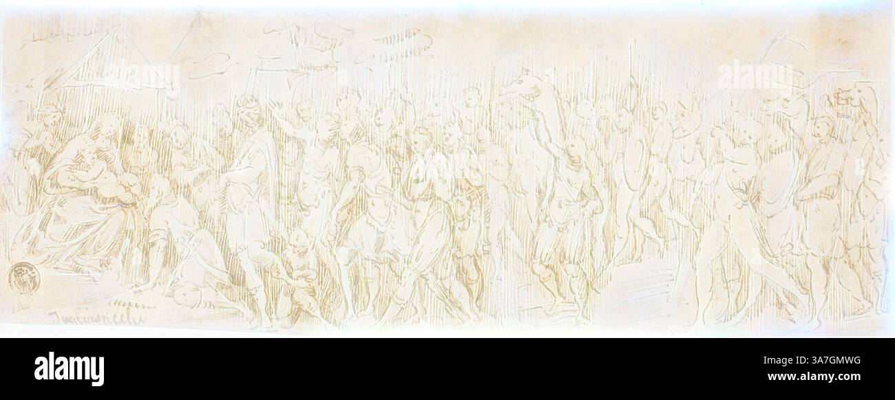 A detailed scene depicting a large gathering of figures in historical ...
