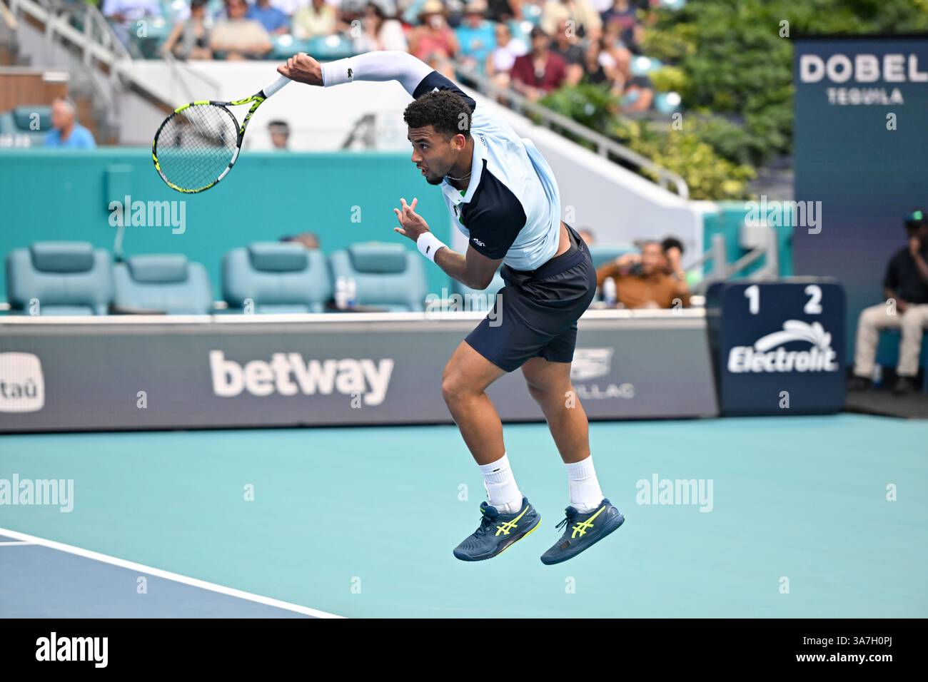 Miami, Florida, USA. 26th Mar, 2025. Arthur Fils (FRA) defeated Alexander Zverev (GER) at the Miami Open being played at Hard Rock Stadium in Miami, Florida. © Karla Kinne/Tennisclix/Cal Sport Media (Credit Image: © Karla Kinne/Cal Sport Media). Credit: csm/Alamy Live News Stock Photo