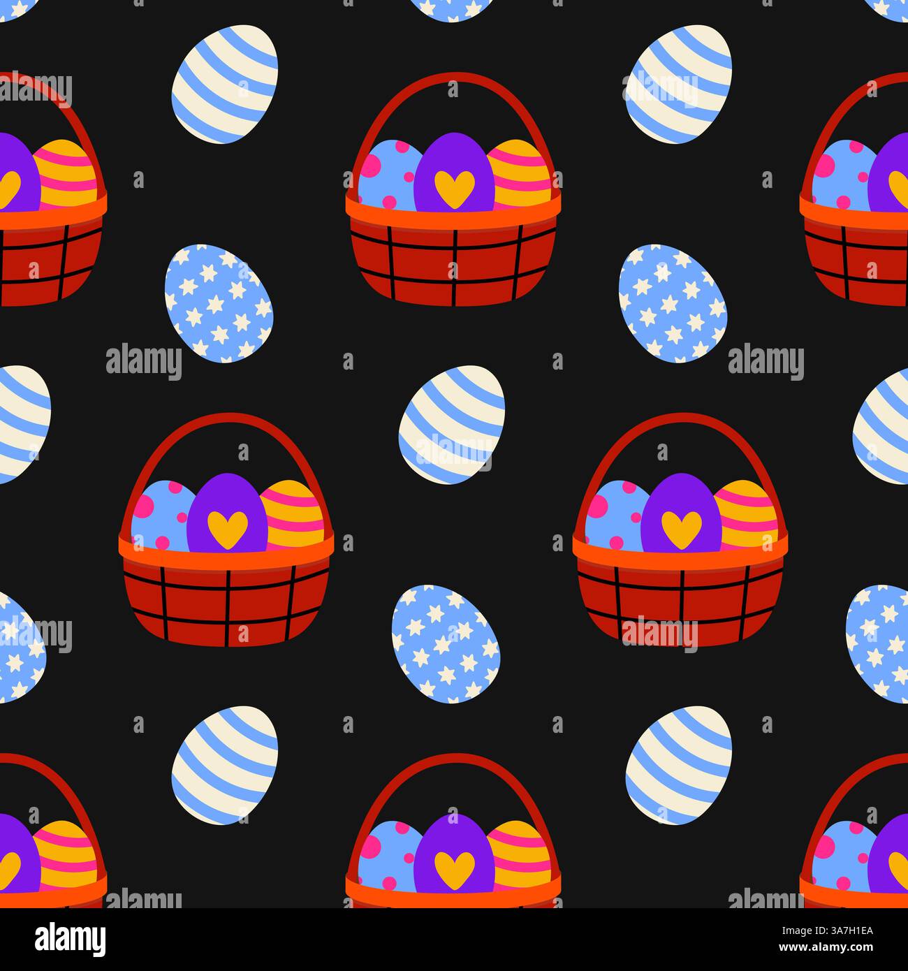 Colorful Easter eggs in baskets create a festive pattern on a black background Stock Vector