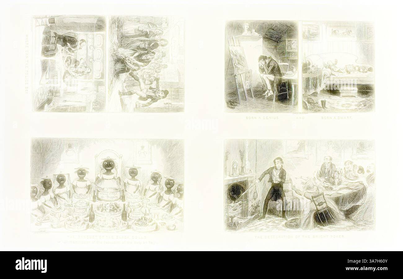 A collection of illustrated scenes showcasing various narratives: one panel depicts a group of people in a domestic setting, another captures a moment of artistic creation, while additional scenes portray a gathering with an elaborate feast and characters engaged in lively interactions. The imagery reflects diverse themes of culture, community, and social dynamics., Classic art with a modern twist reimagined by Artotop, Where Can the Police Be? from George Cruikshank’s Steel Etchings to The Comic Almanacks: 1835-1853 (top left), 1847, printed c. 1880, George Cruikshank (English, 1792-1878), pu Stock Photo