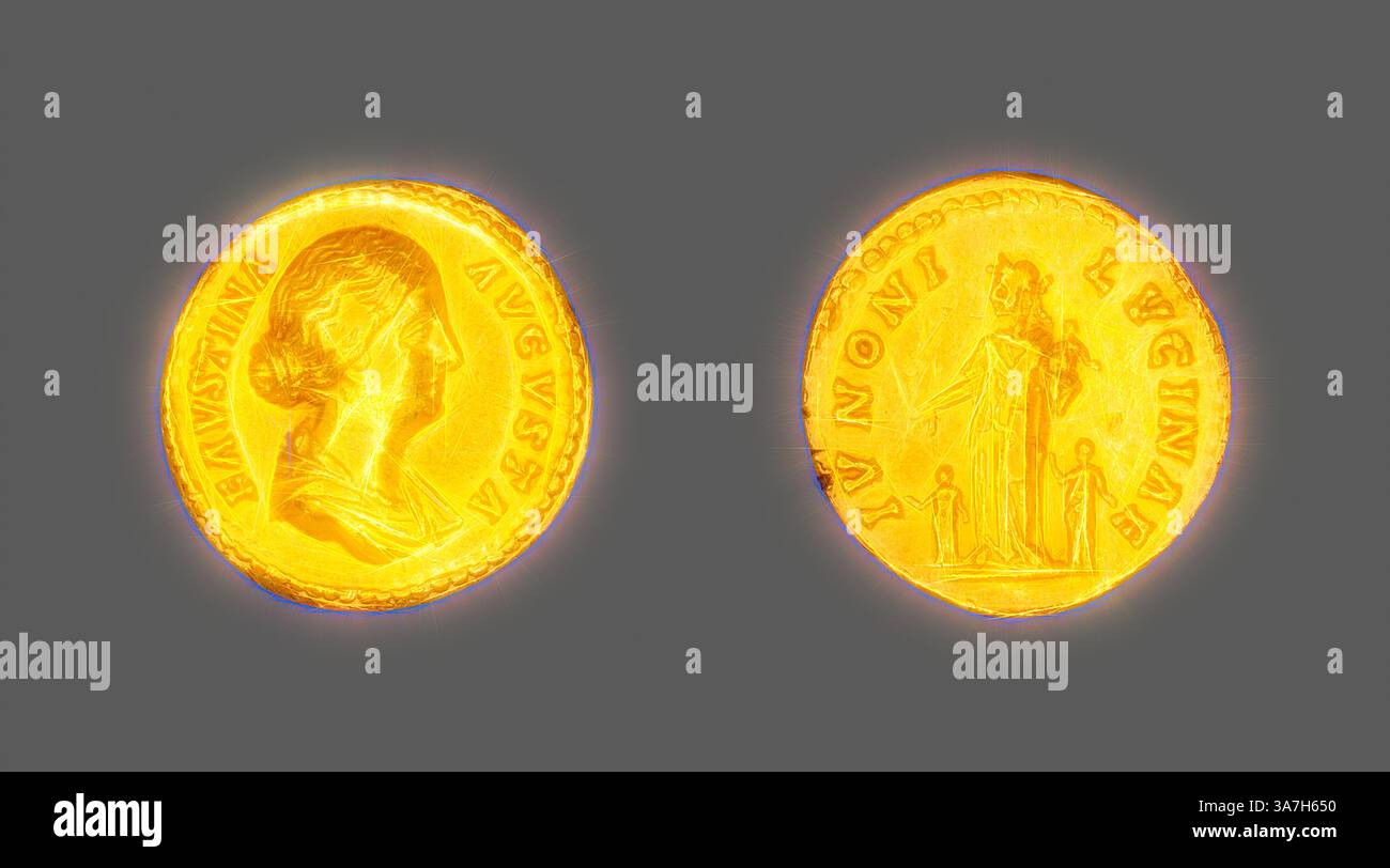 Two ancient coins are displayed, one featuring a profile of a woman ...