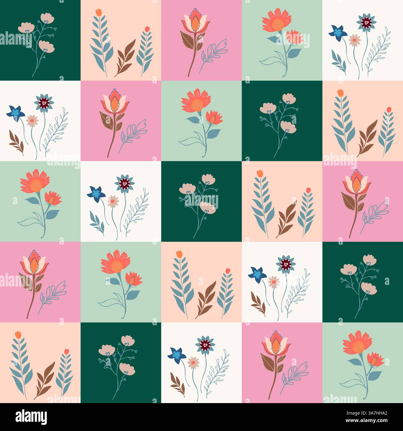 Seamless Checkered Floral Pattern with Vibrant Colors Stock Vector