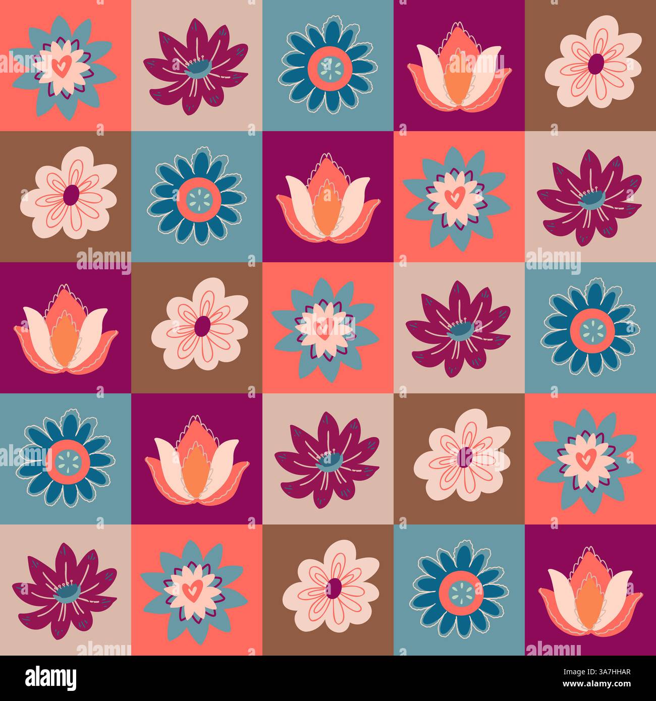 Seamless floral patchwork checkered pattern with vintage tones. Stock Vector