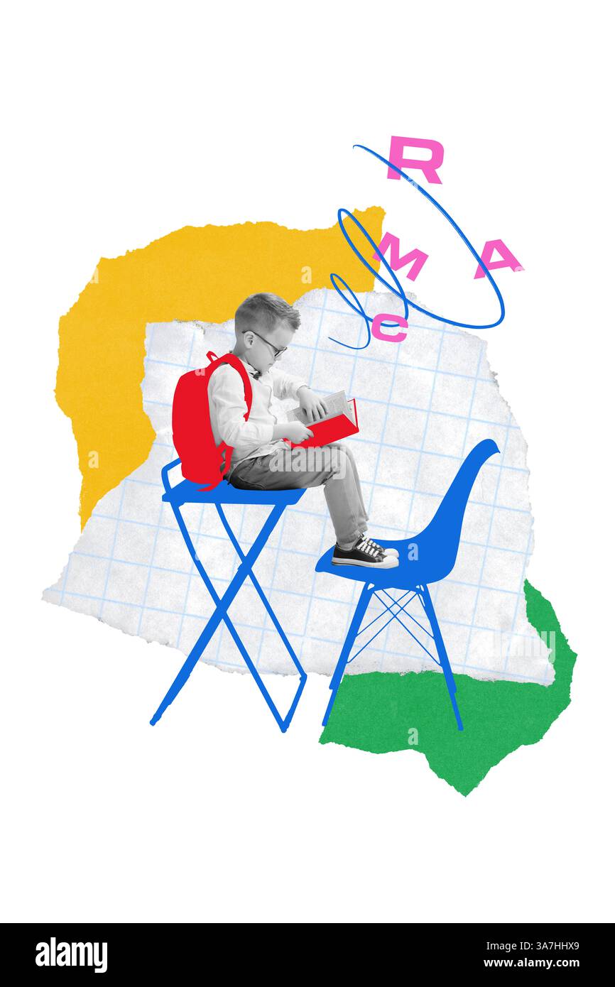 Conceptual artwork. Boy reading book on tall blue chair with letters ...