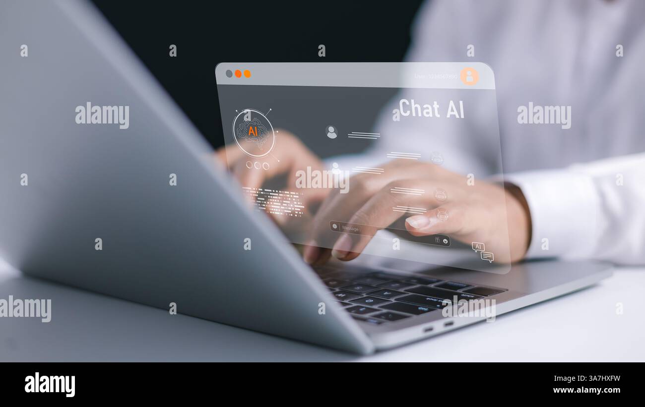 Artificial intelligence in work to help maximize efficiency, AI technology, Human uses AI technology to help analyze big data and use it in human dail Stock Photo