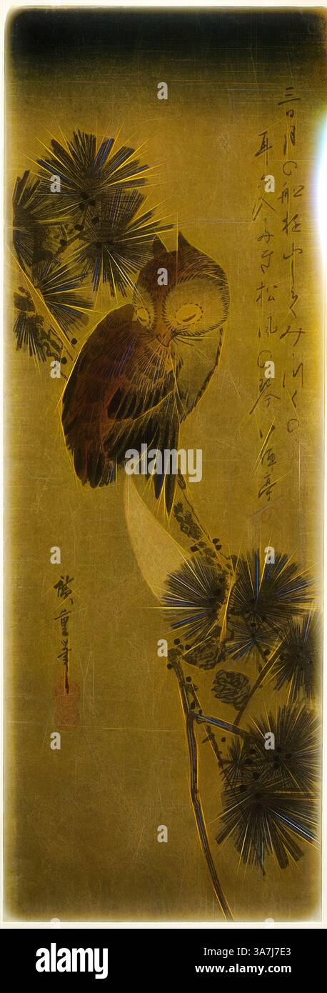 Small-horned owl, pine, and crescent moon, 1830s, Utagawa