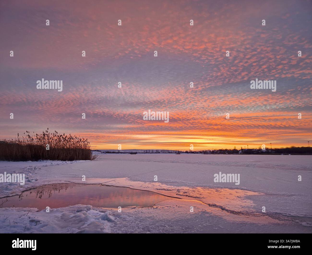 Colorful winter sunset above the frozen pond - Smartphone Captured Stock Image