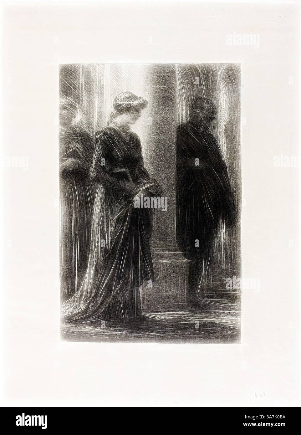 A trio of figures stand in a partially illuminated space, with two ...