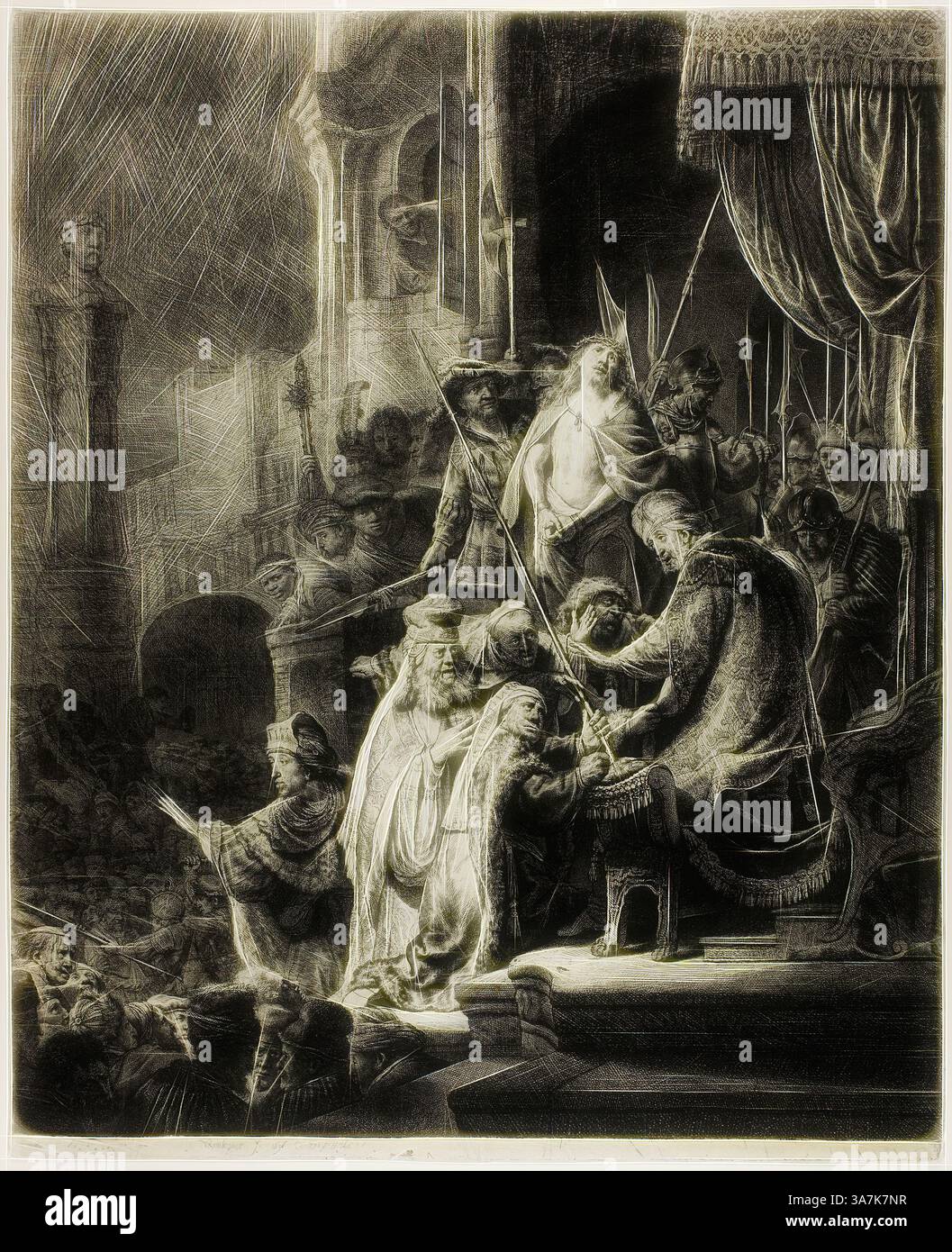 A dramatic scene depicts a group of figures gathered around a seated ...